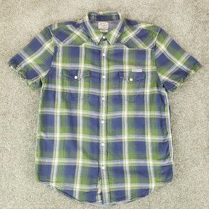 Lucky Brand Shirt Large L Mens Green Blue Plaid Short Sleeve Collared Button Up